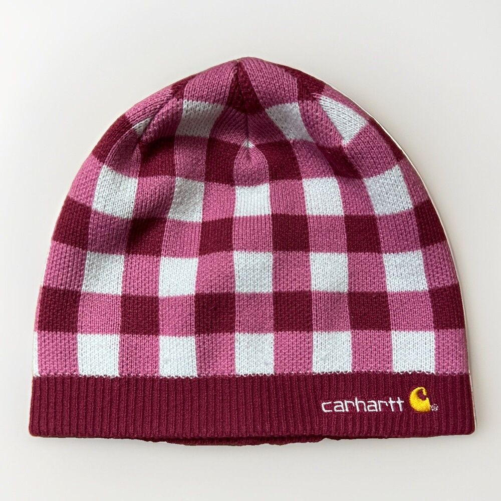 Carhartt Womens Winter Hat Cap Beanie Pink White Fuchsia Plaid Warm
